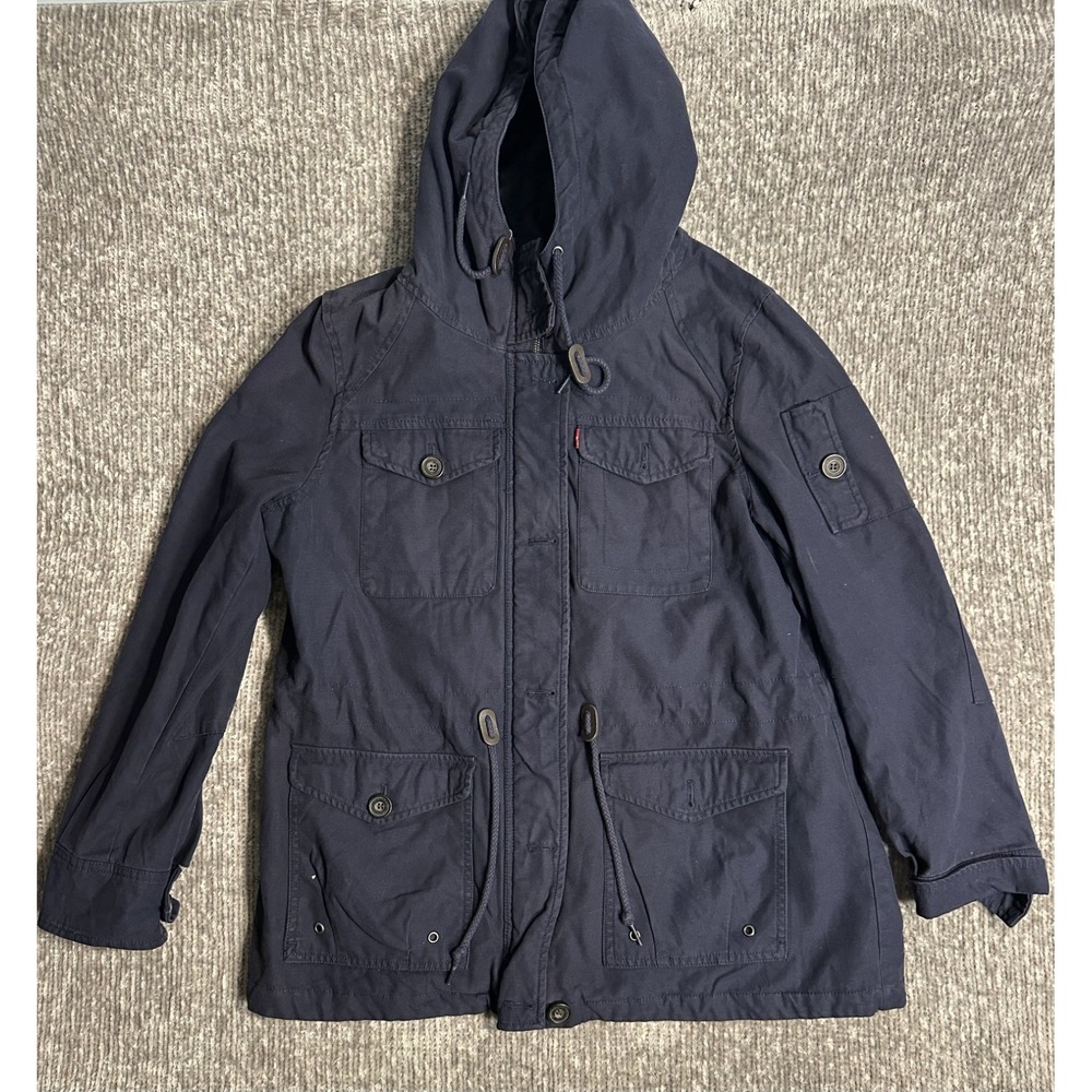 Levis Womens XL Navy Blue Hooded Military Field Jacket 4 Pocket Cotton